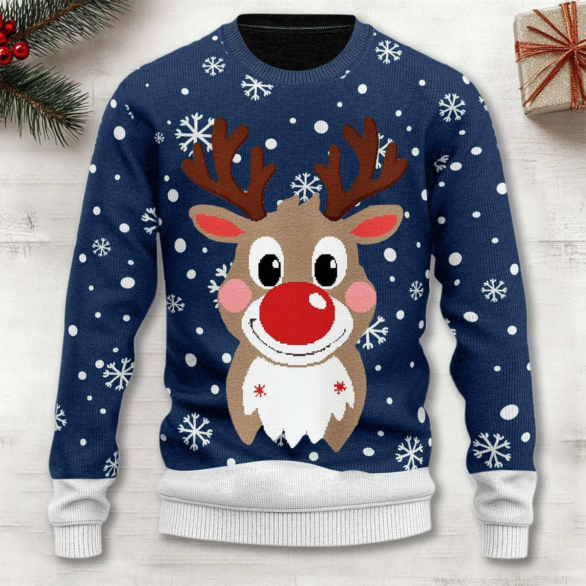 Men's Sweater Reindeer & Snowflake Soft Poly-Cotton