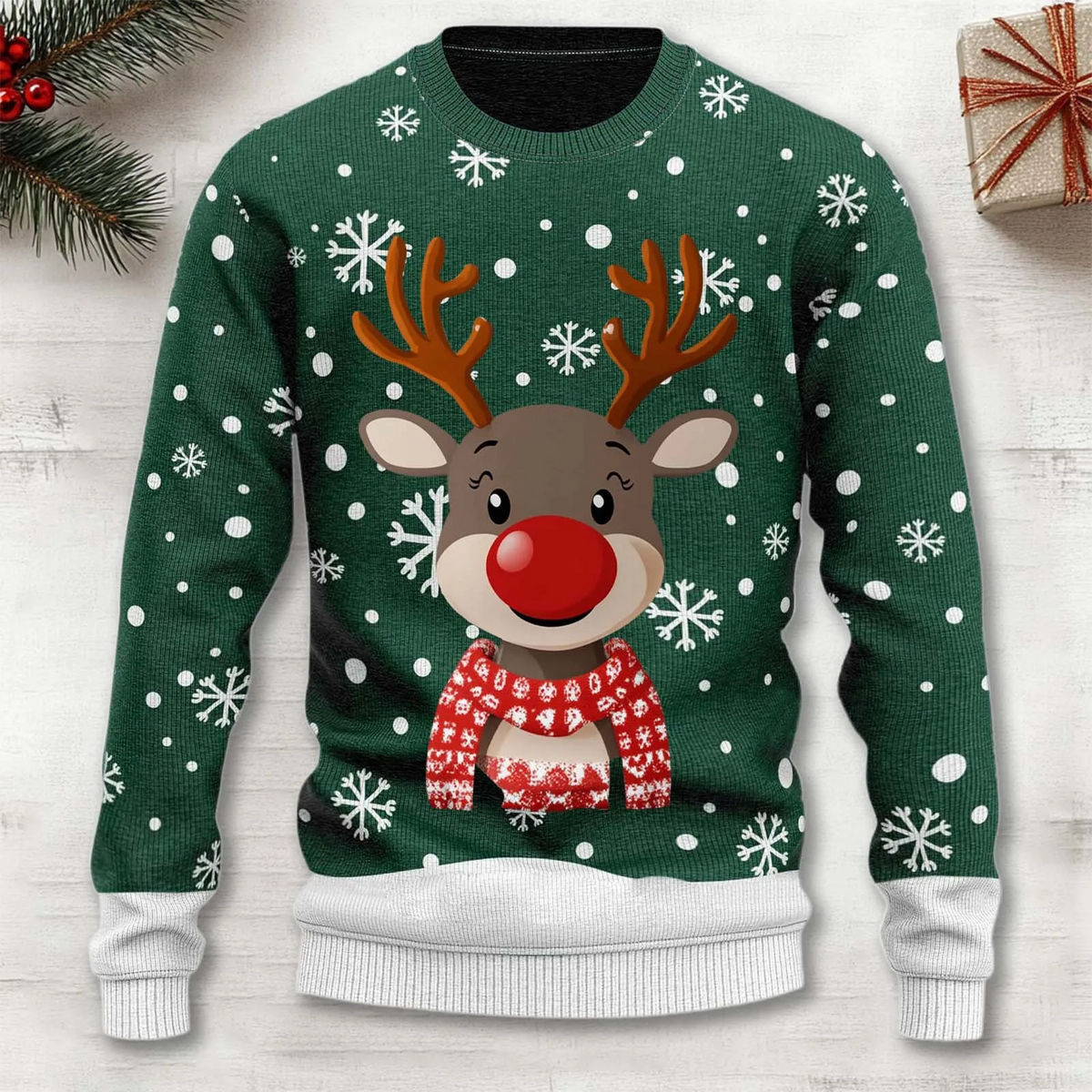Men's Sweater Reindeer & Snowflake Soft Poly-Cotton