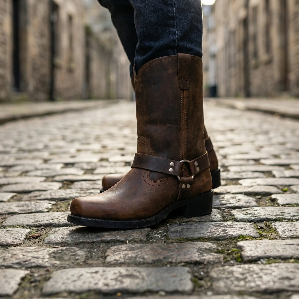 Men's Western Boots Handmade Leather Harness Buckle Cushioned Insole
