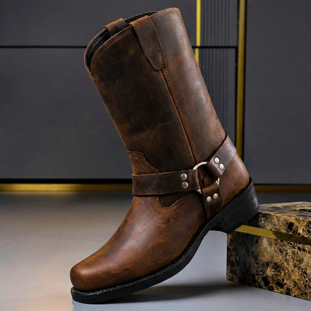 Men's Western Boots Handmade Leather Harness Buckle Cushioned Insole