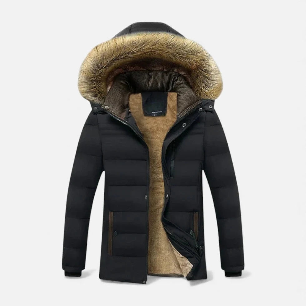 Men's Winter Jacket Quilted Fleece-Lined Faux Fur Hood