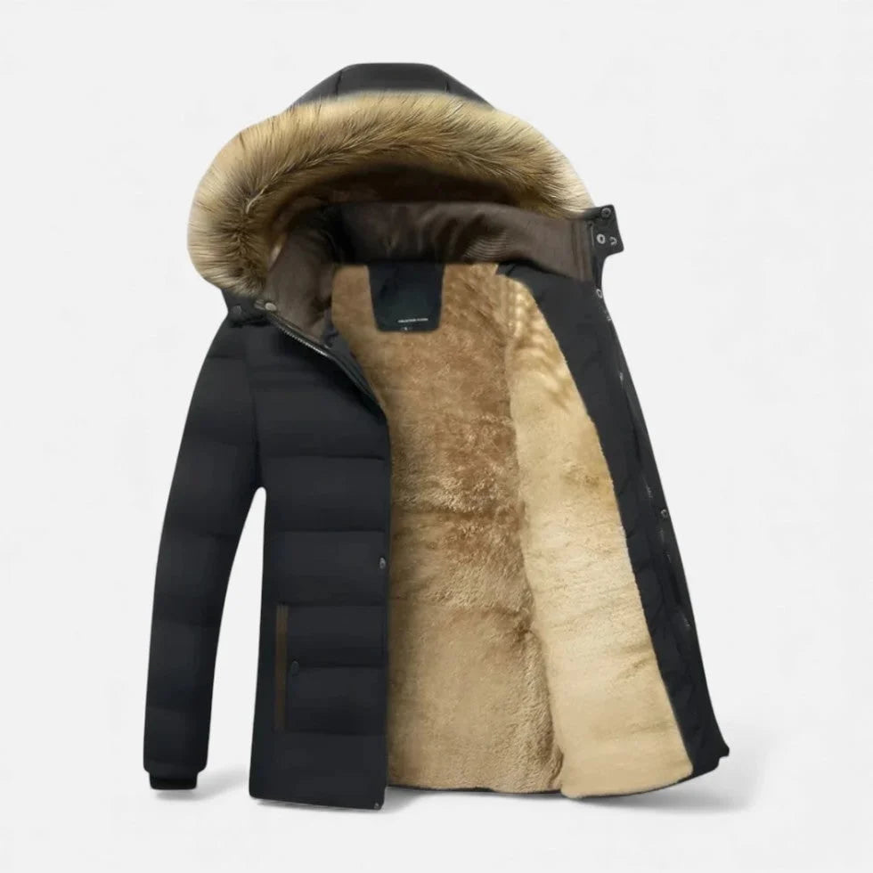 Men's Winter Jacket Quilted Fleece-Lined Faux Fur Hood