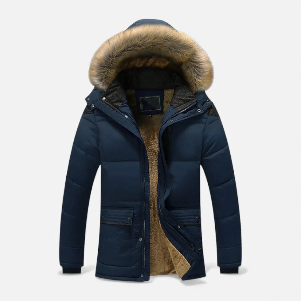 Men's Winter Jacket Quilted Fleece-Lined Faux Fur Hood
