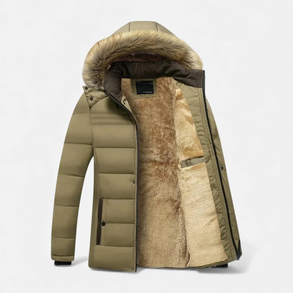 Men's Winter Jacket Quilted Fleece-Lined Faux Fur Hood