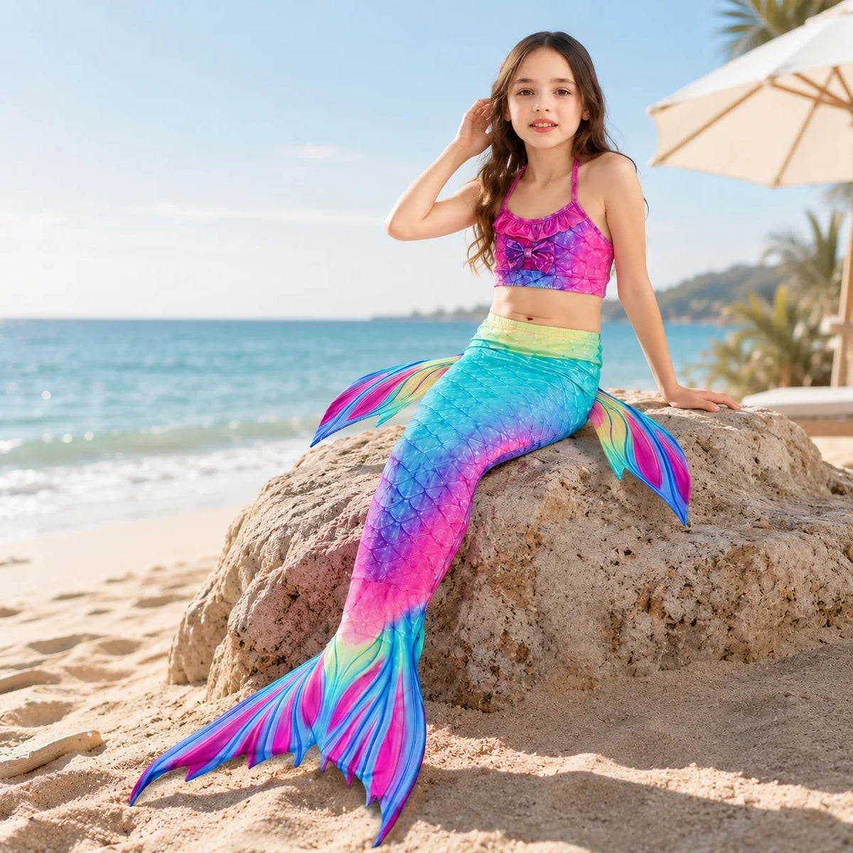 Mermaid Swim Set Three-Piece Removable Tail Ocean Print