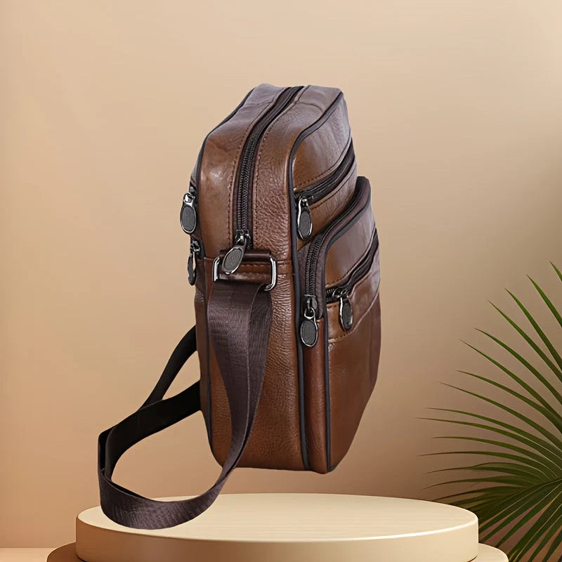 Messenger Bag Cowhide Leather Multiple Pockets