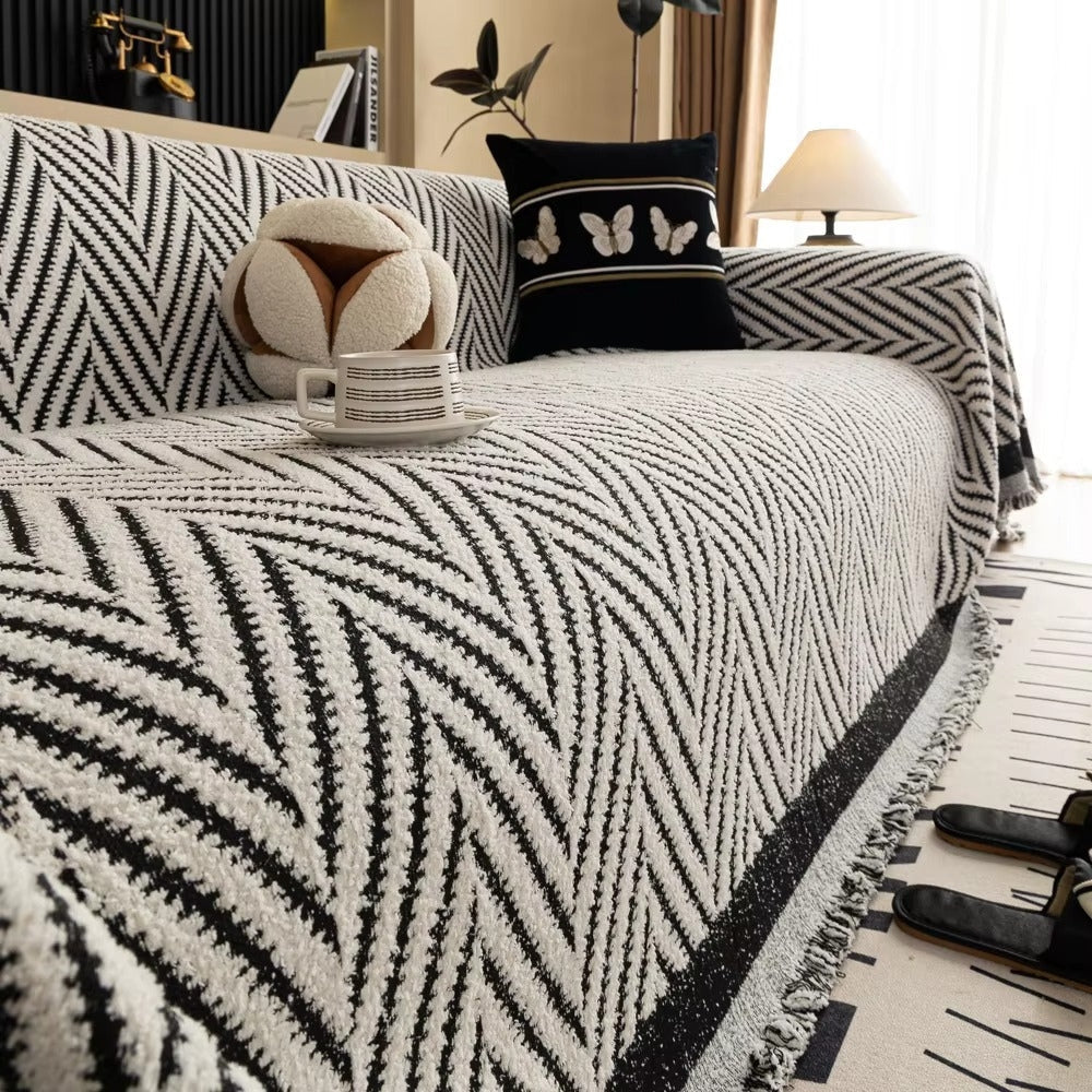 Microfiber Chevron Herringbone Sofa Cover (Tassel Trim)