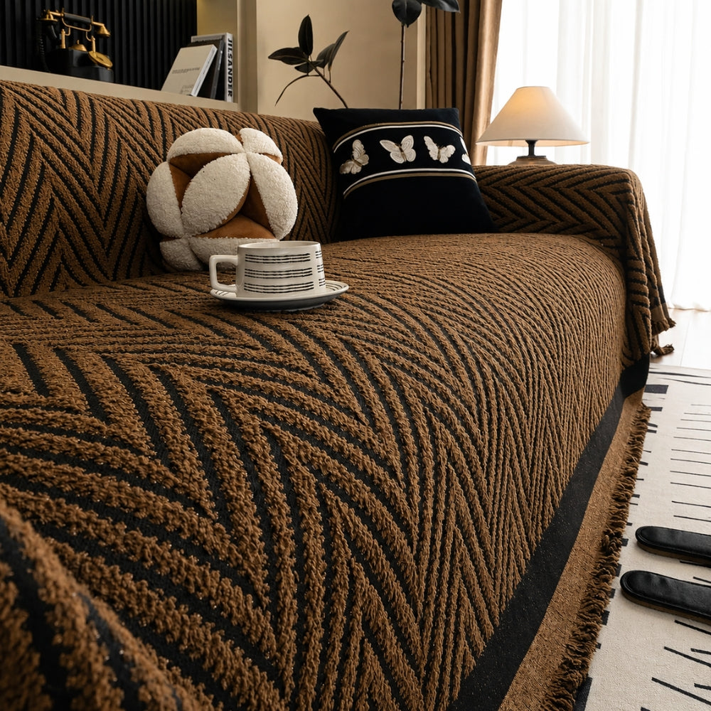 Microfiber Chevron Herringbone Sofa Cover (Tassel Trim)
