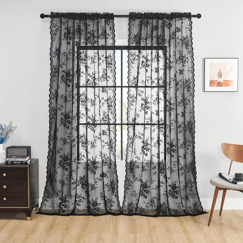 Microfiber Floral Lace Sheer Curtain Panel (Rod Pocket Top)