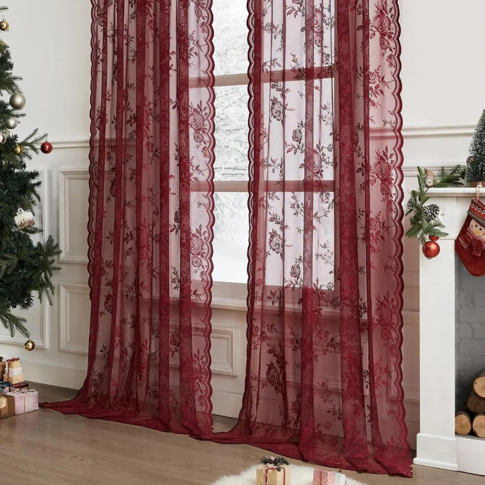 Microfiber Floral Lace Sheer Curtain Panel (Rod Pocket Top)