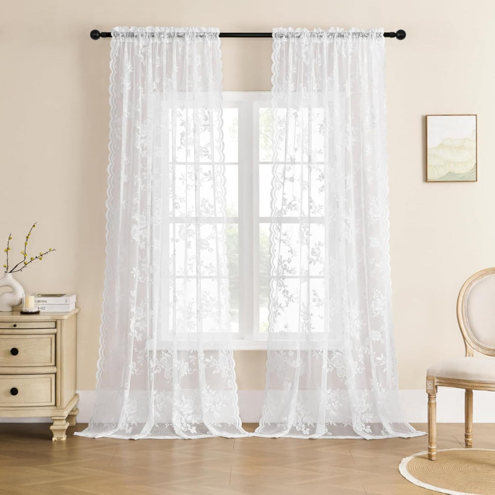 Microfiber Floral Lace Sheer Curtain Panel (Rod Pocket Top)