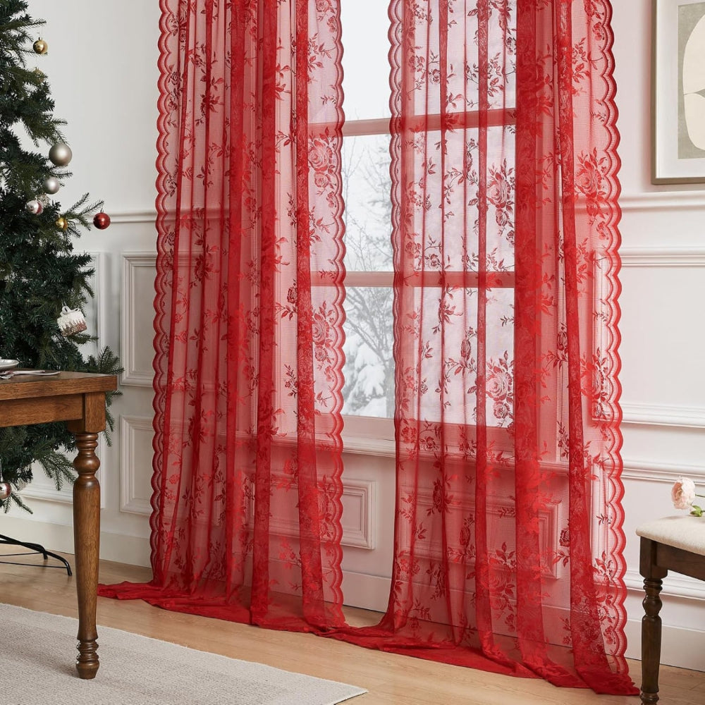 Microfiber Floral Lace Sheer Curtain Panel (Rod Pocket Top)