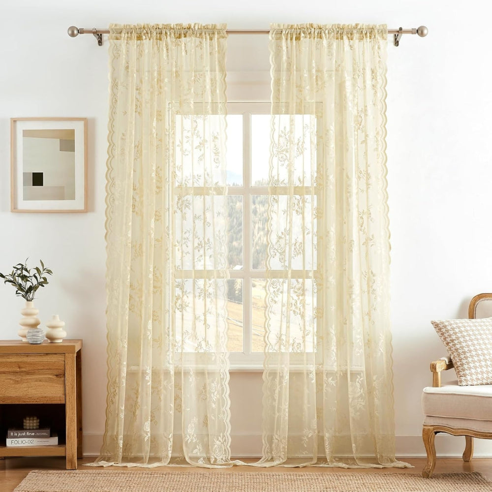 Microfiber Floral Lace Sheer Curtain Panel (Rod Pocket Top)