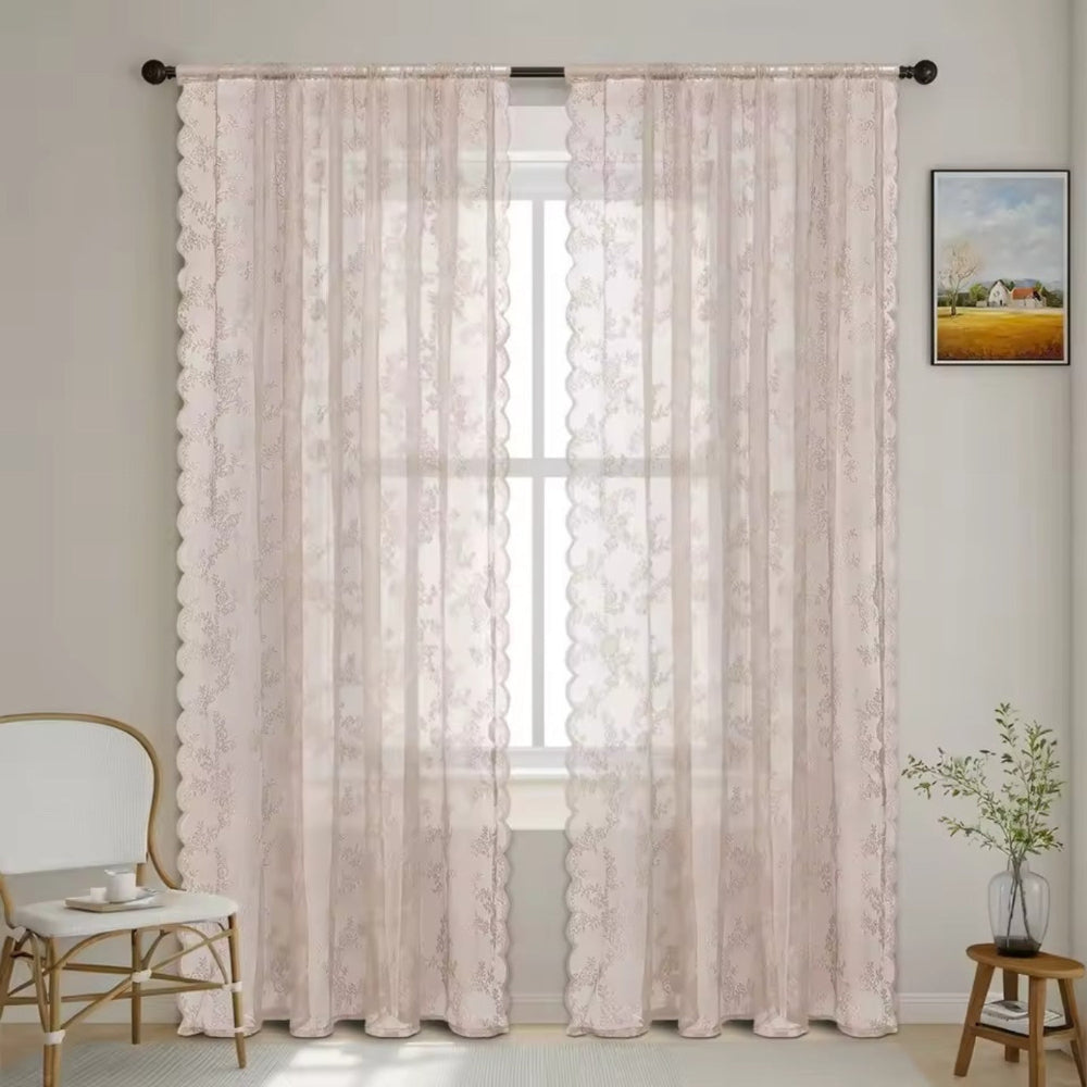 Microfiber Floral Lace Sheer Curtain Panel (Rod Pocket Top)