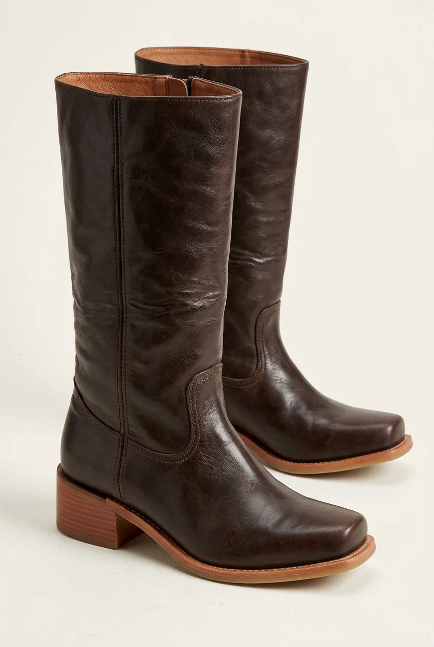 Mid Calf Boots 2 Inch Block Heel Side Zip