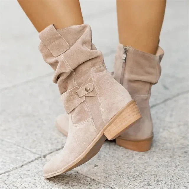 Mid-Calf Boots Suede Slouchy Side Zipper & Block Heel