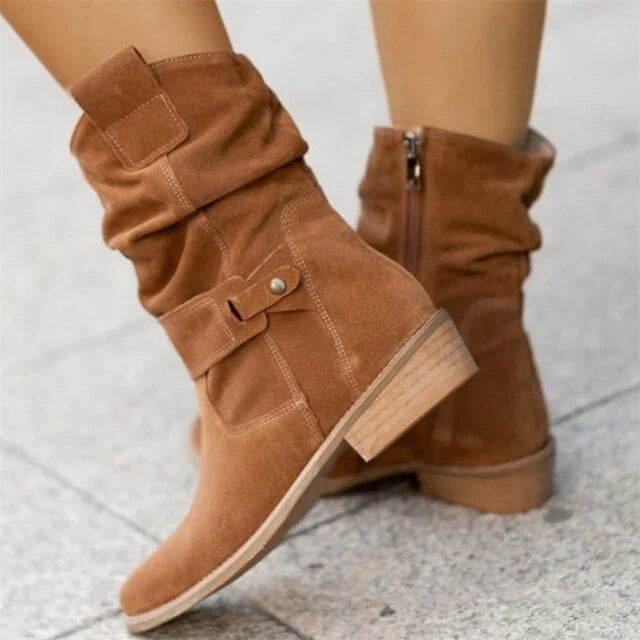 Mid-Calf Boots Suede Slouchy Side Zipper & Block Heel
