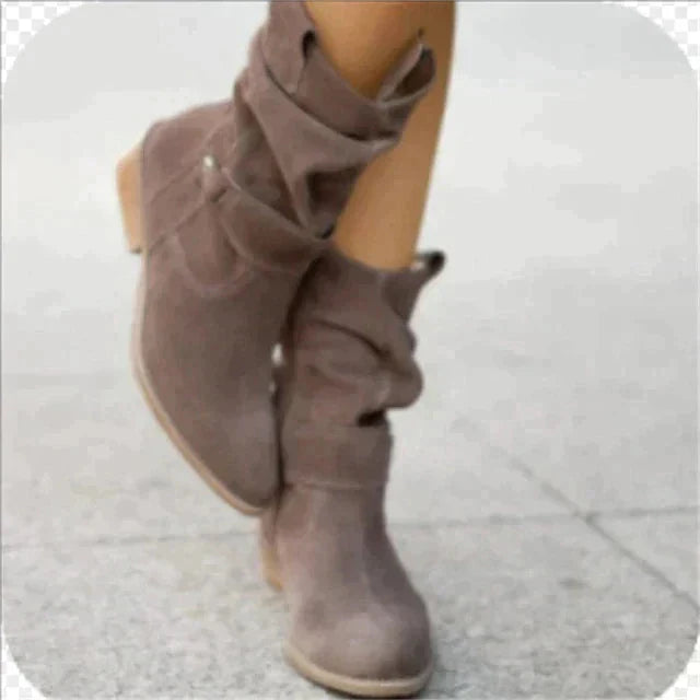 Mid-Calf Boots Suede Slouchy Side Zipper & Block Heel