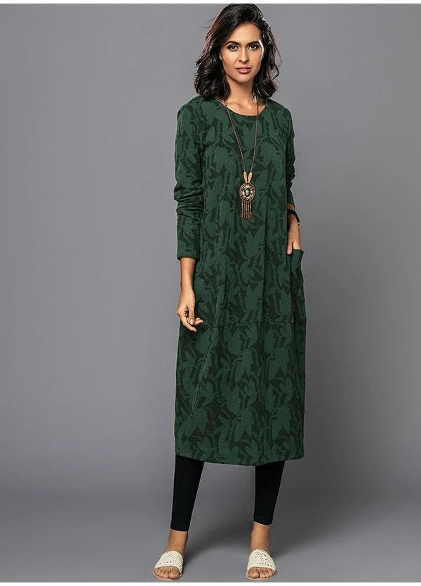 Midi Dress Floral Print Cotton Blend Side Pockets