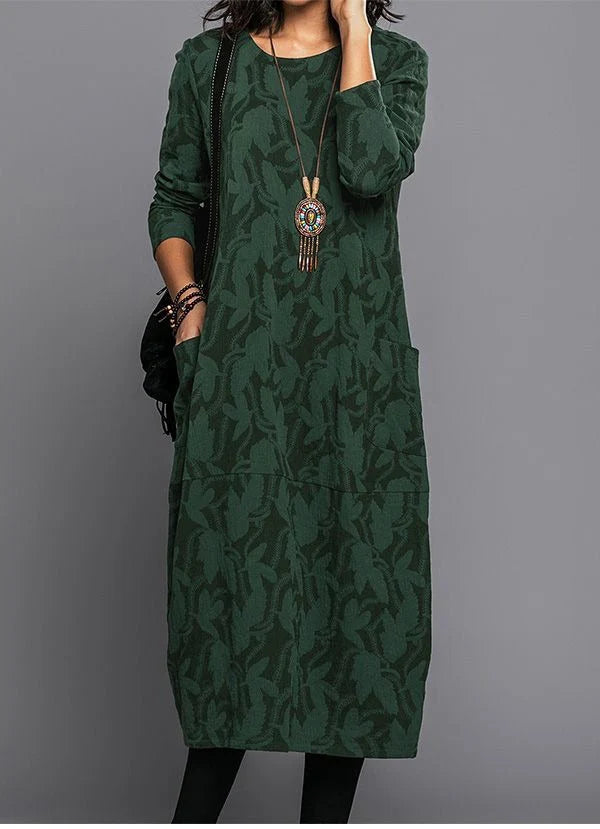 Midi Dress Floral Print Cotton Blend Side Pockets