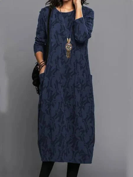 Midi Dress Floral Print Cotton Blend Side Pockets