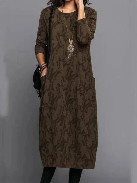 Midi Dress Floral Print Cotton Blend Side Pockets