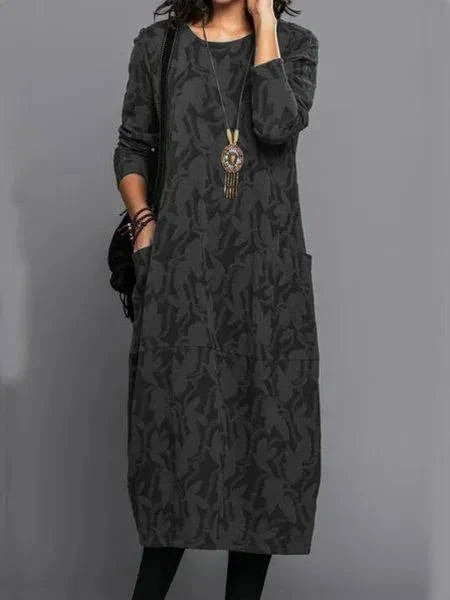 Midi Dress Floral Print Cotton Blend Side Pockets