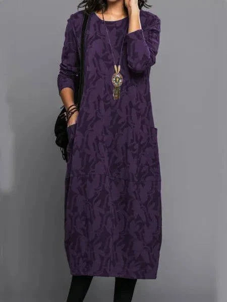 Midi Dress Floral Print Cotton Blend Side Pockets