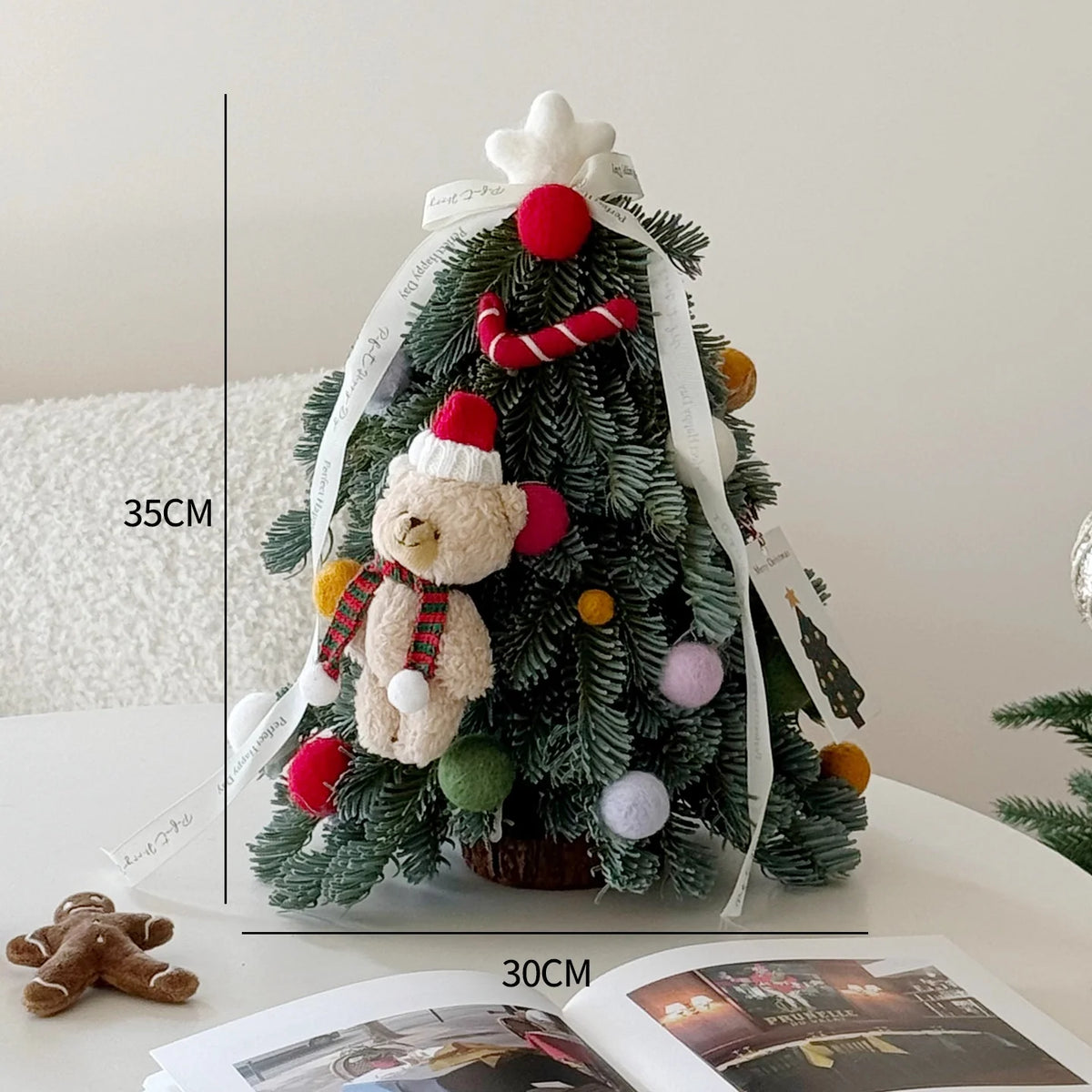Mini Christmas Tree Centerpiece Red Ribbons & Plush Pom-Poms