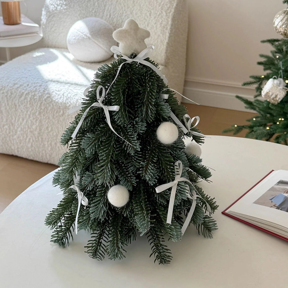 Mini Christmas Tree Centerpiece Red Ribbons & Plush Pom-Poms