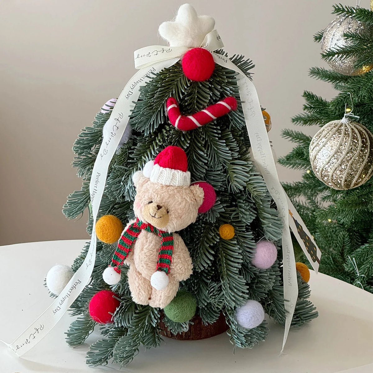 Mini Christmas Tree Lifelike Artificial Ribbons & Pom-Poms