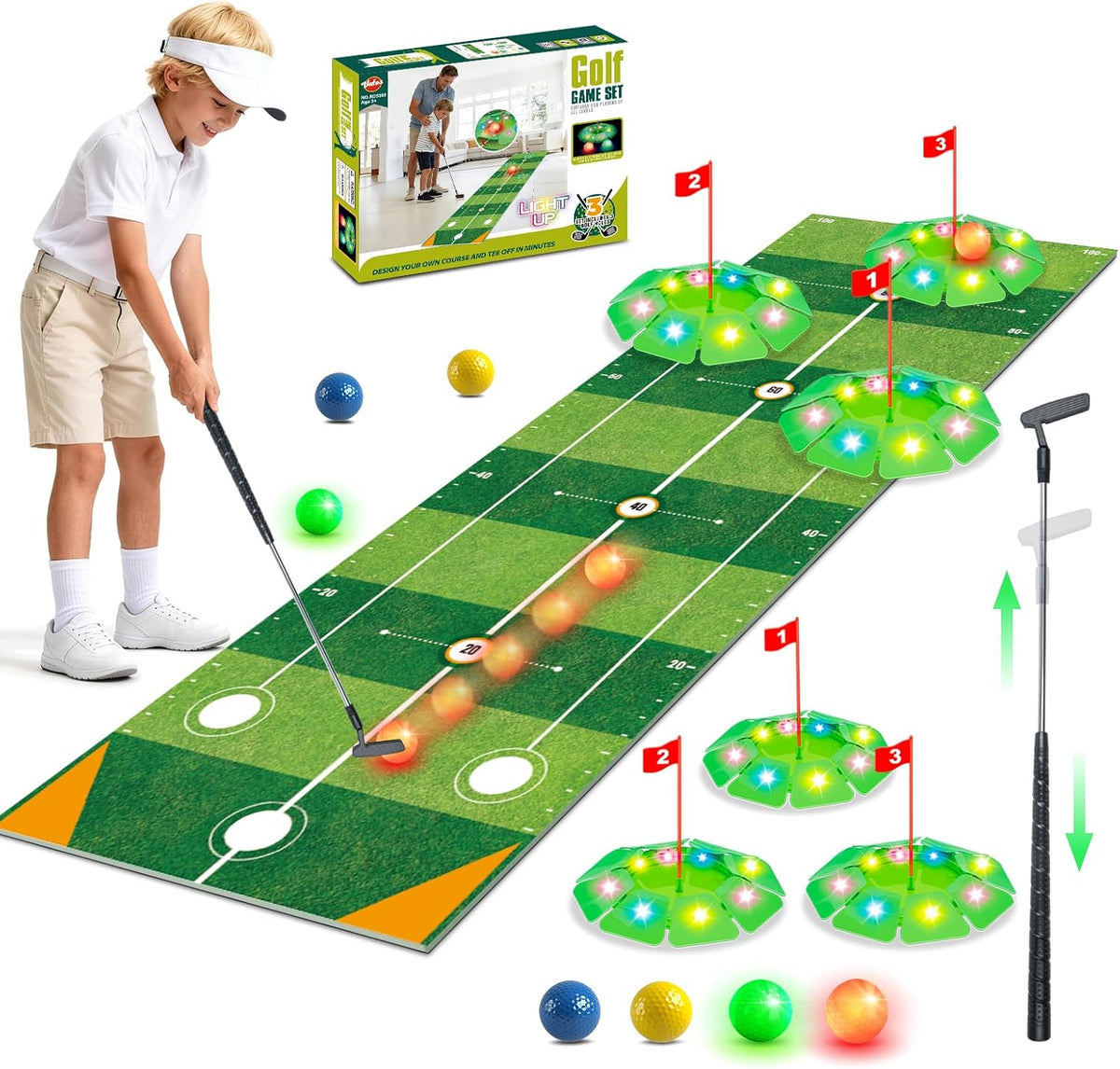 Mini Golf Set Light-Up Balls Adjustable Putter Large Mat