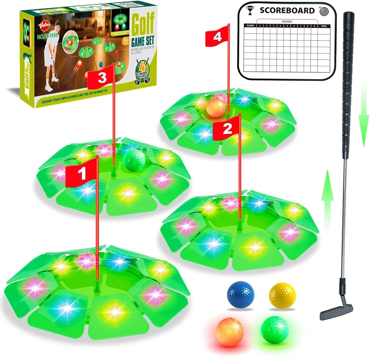 Mini Golf Set Light-Up Balls Adjustable Putter Large Mat