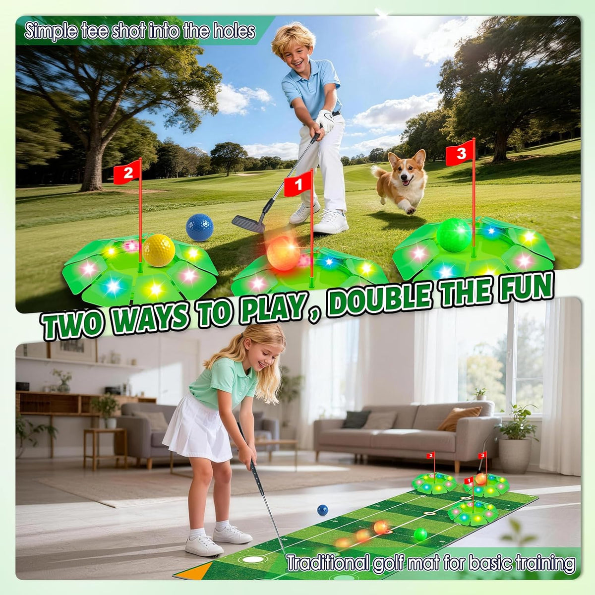 Mini Golf Set Light-Up Balls Adjustable Putter Large Mat