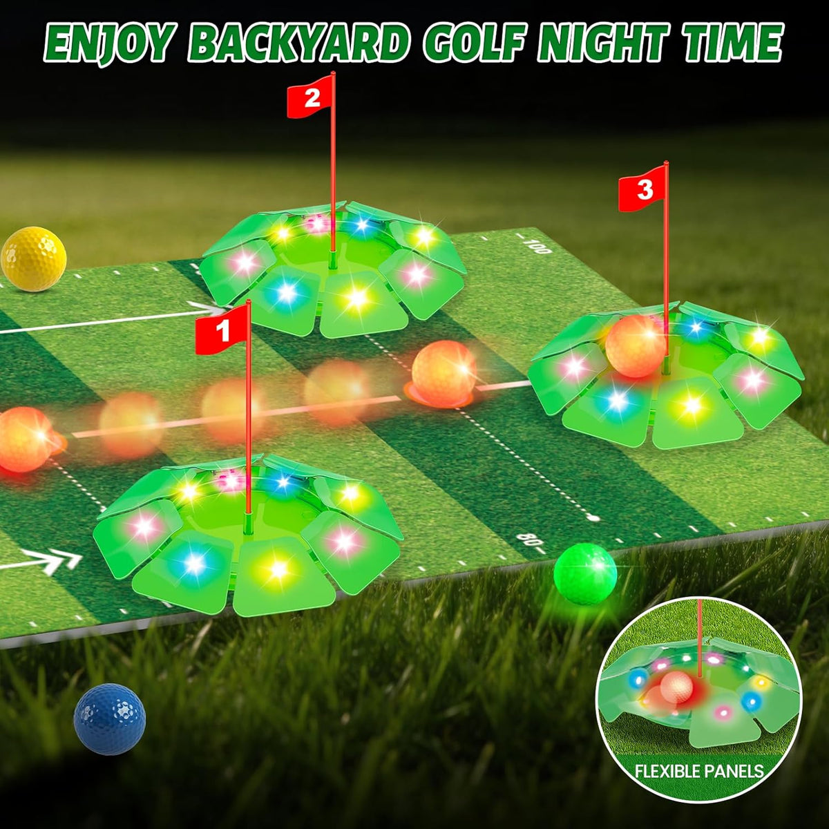 Mini Golf Set Light-Up Balls Adjustable Putter Large Mat