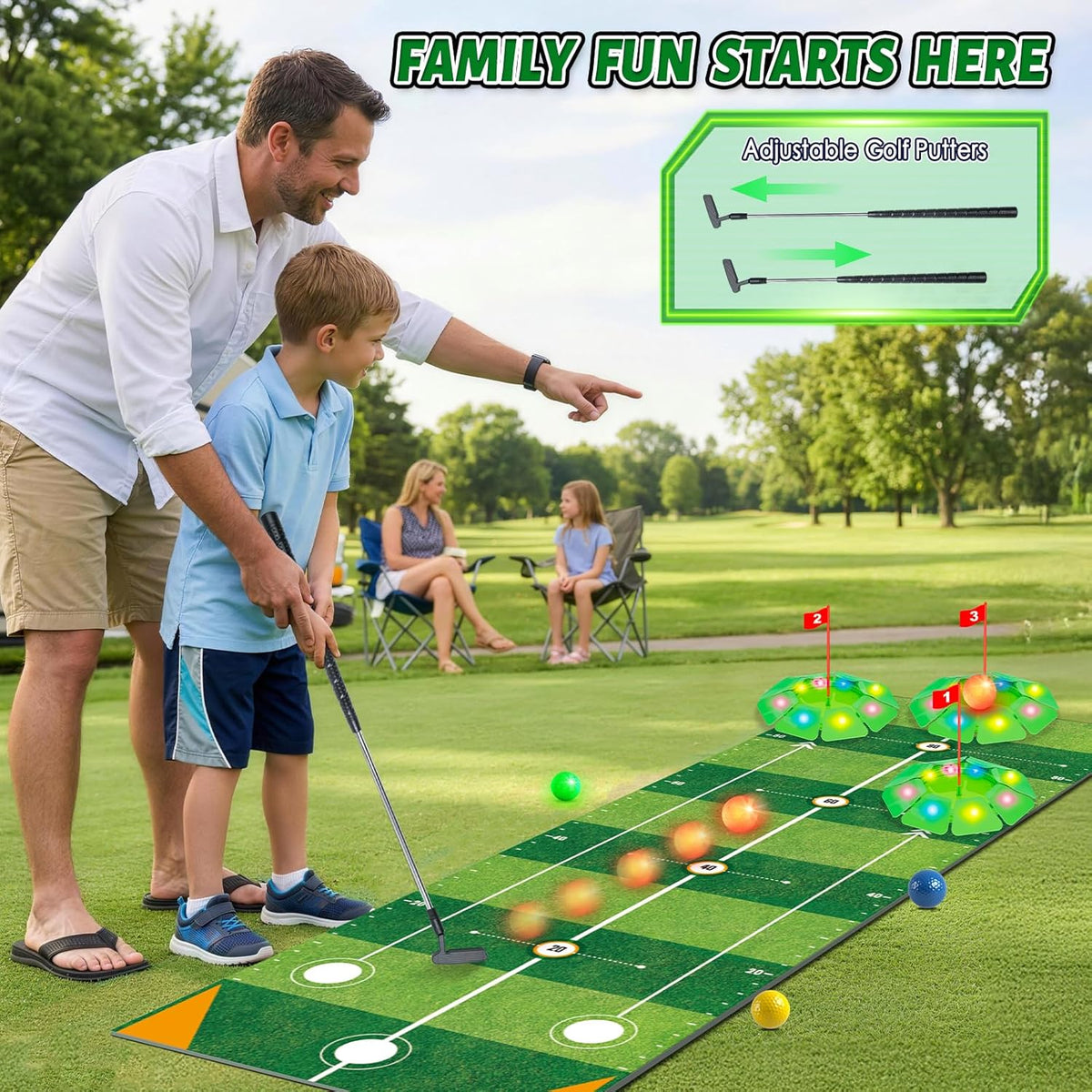Mini Golf Set Light-Up Balls Adjustable Putter Large Mat
