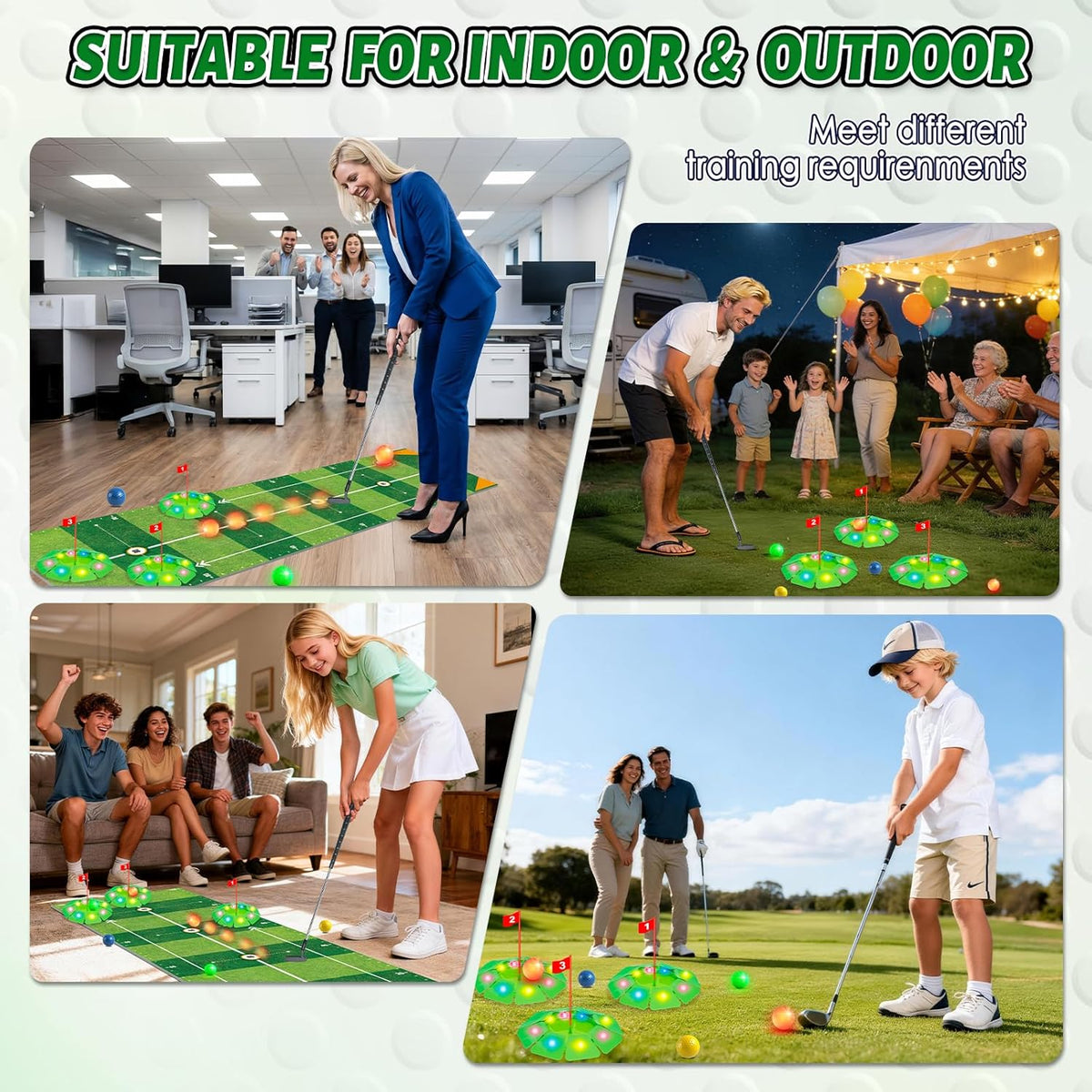 Mini Golf Set Light-Up Balls Adjustable Putter Large Mat