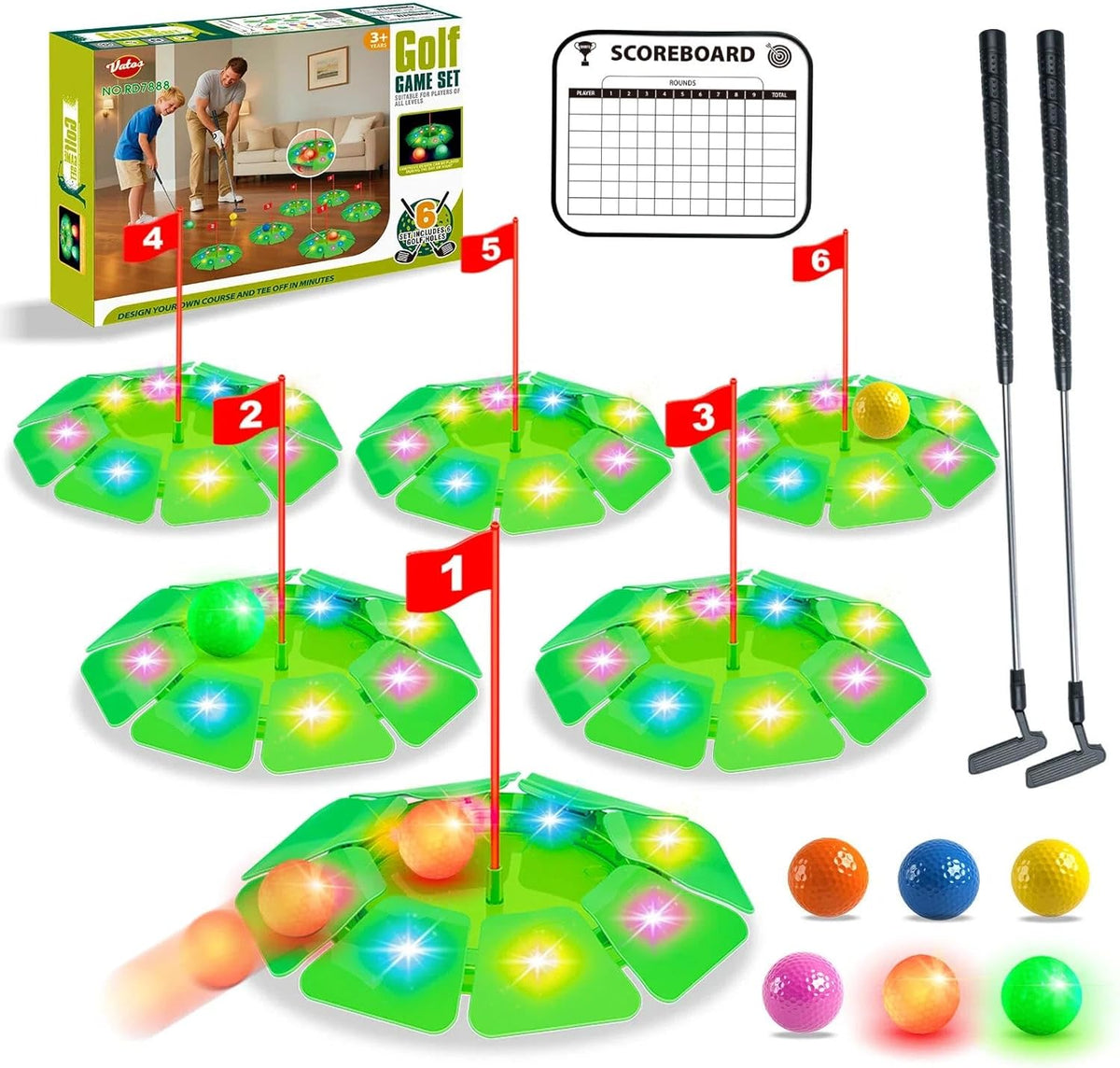 Mini Golf Set Light-Up Balls Adjustable Putter Large Mat