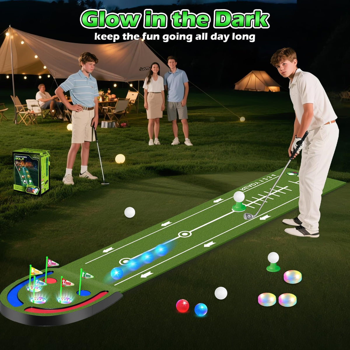 Mini Golf Set Light-Up Mat 2.44m Durable Clubs
