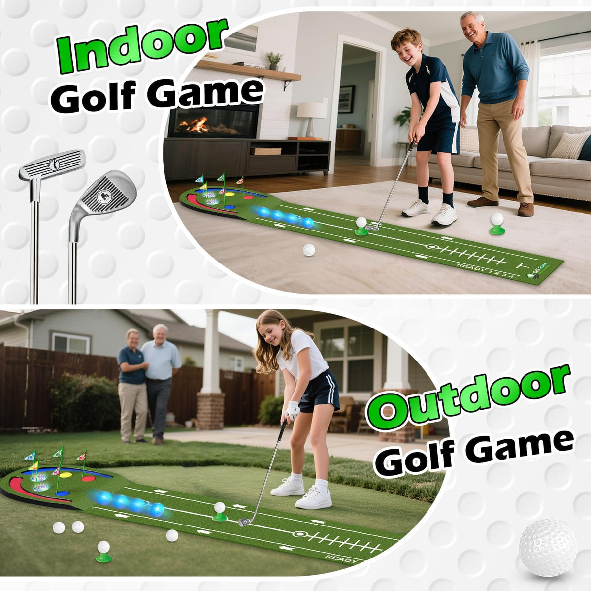Mini Golf Set Light-Up Mat 2.44m Durable Clubs