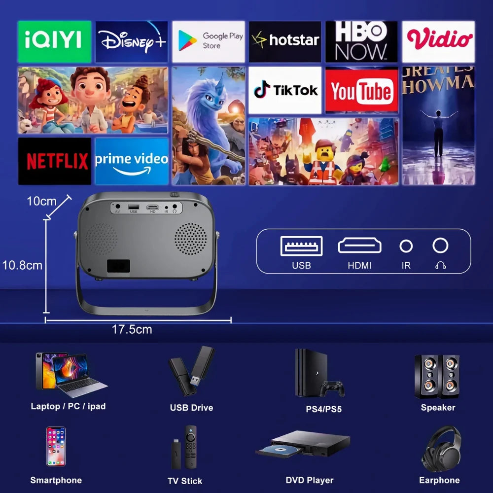 Mini Projector Portable WiFi & Bluetooth 4K Support