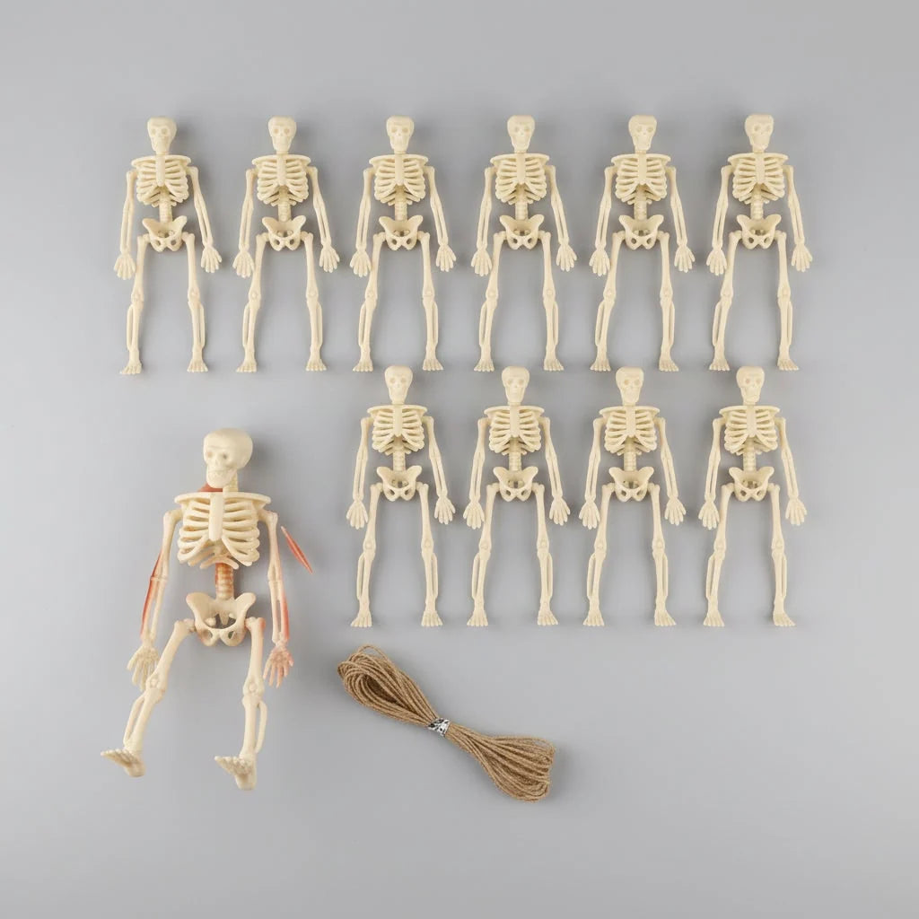 Mini Skeleton Figurines Posable Molded Plastic With Jute String