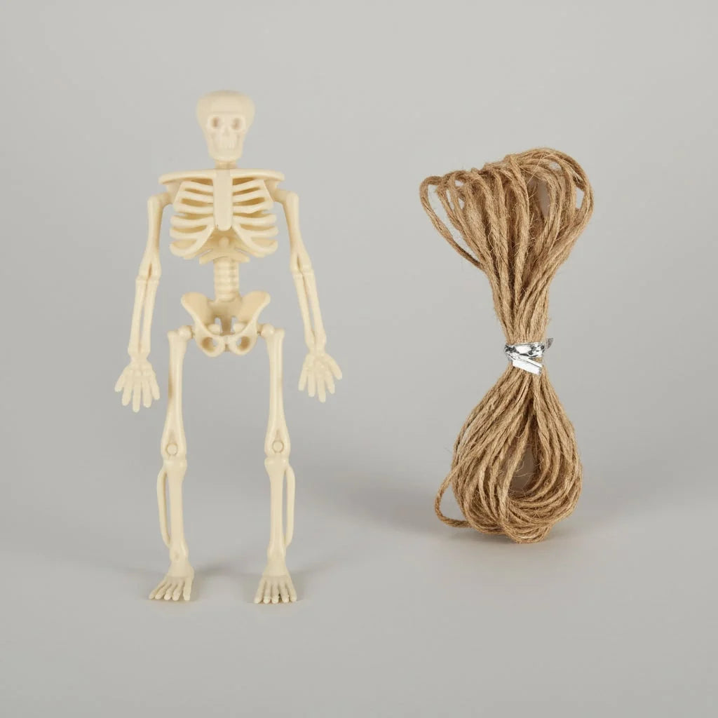 Mini Skeleton Figurines Posable Molded Plastic With Jute String