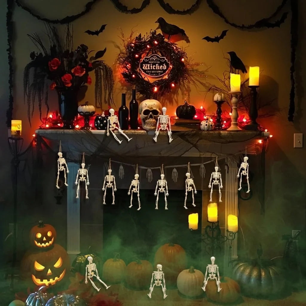 Mini Skeleton Figurines Posable Molded Plastic With Jute String