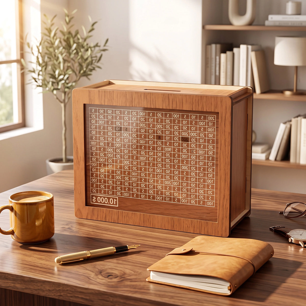 Money Box Wooden Clear Acrylic Window 10,000 Dollar Capacity