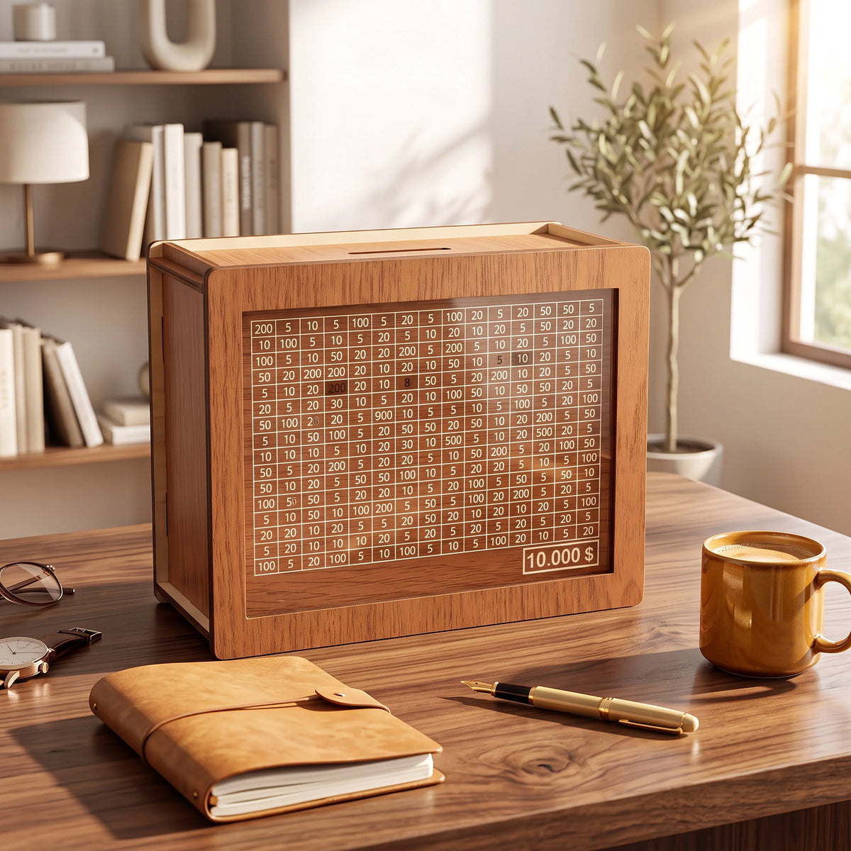 Money Box Wooden Clear Acrylic Window 10,000 Dollar Capacity