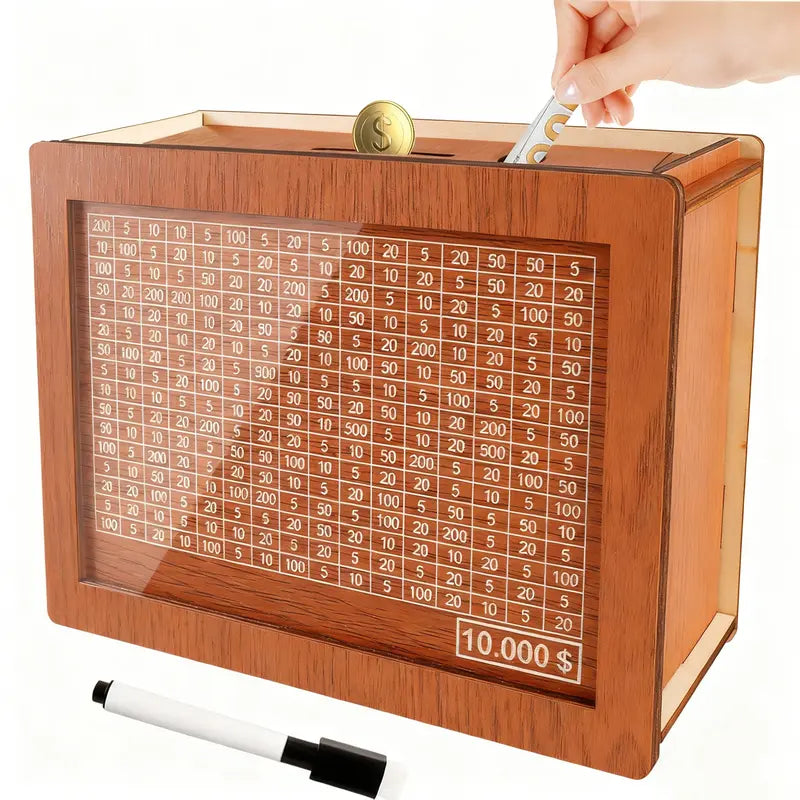 Money Box Wooden Clear Acrylic Window 10,000 Dollar Capacity