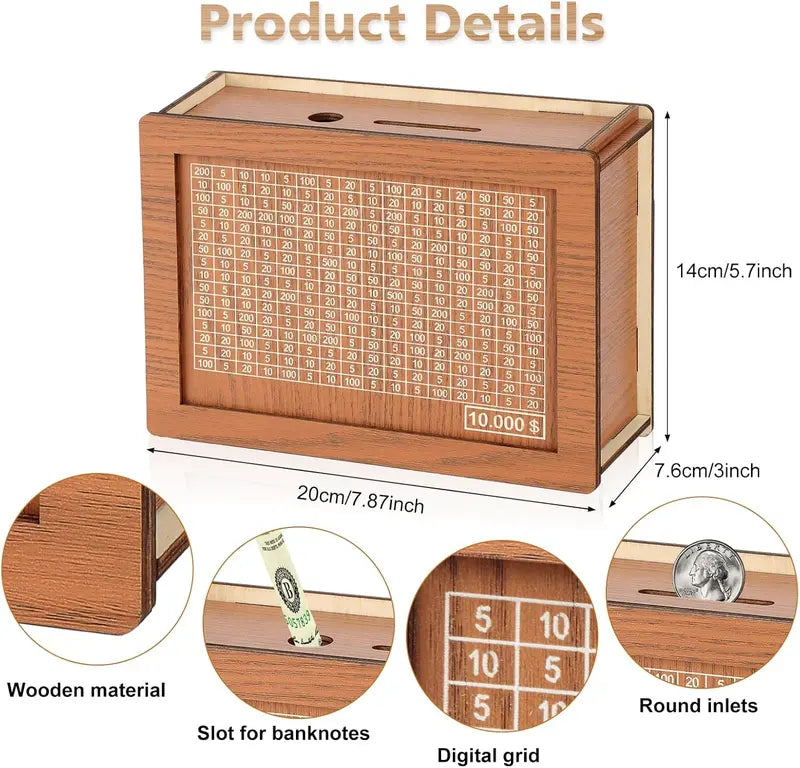 Money Box Wooden Clear Acrylic Window 10,000 Dollar Capacity