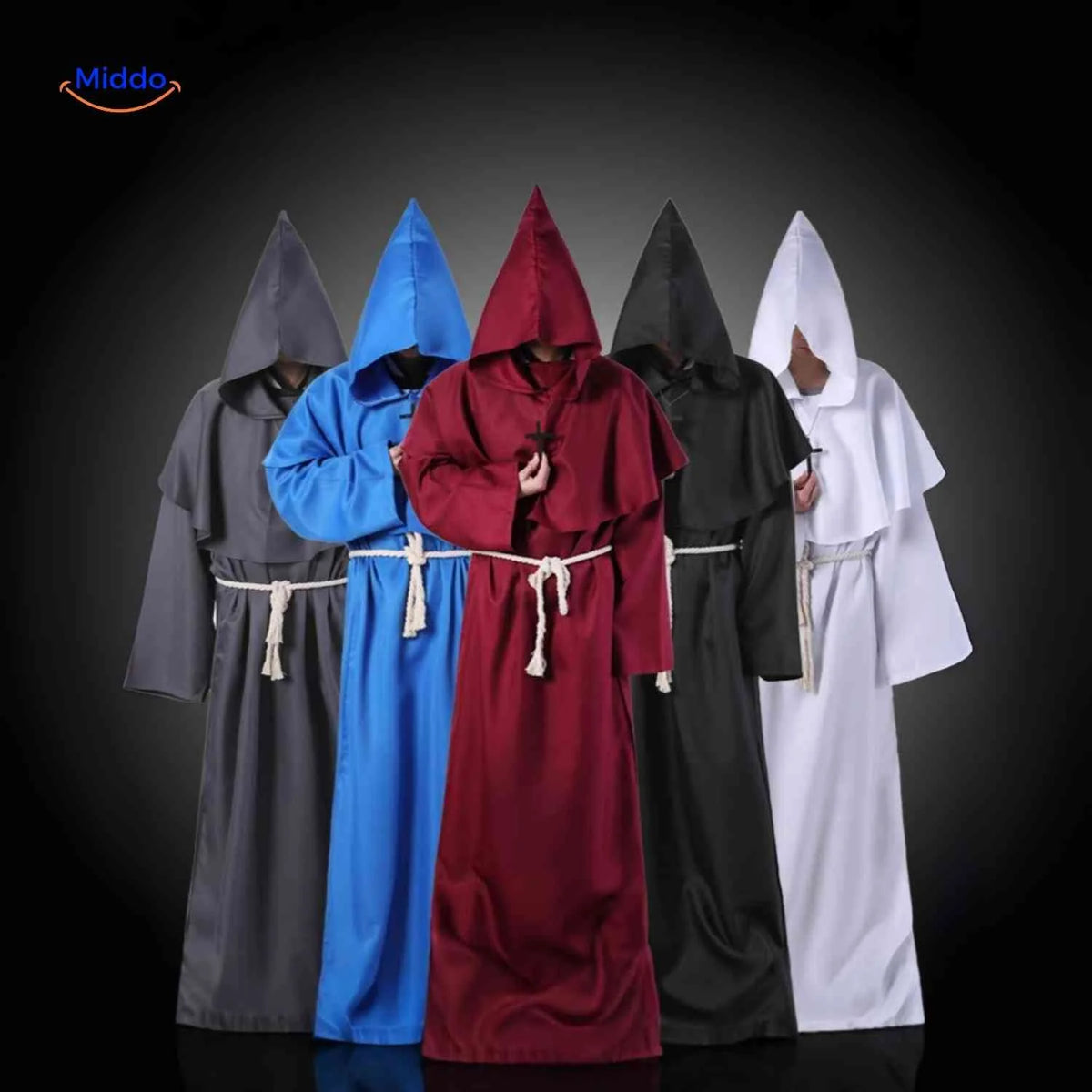 Monk Costume Hooded Long Robe With Rope Belt Breathable Fabric