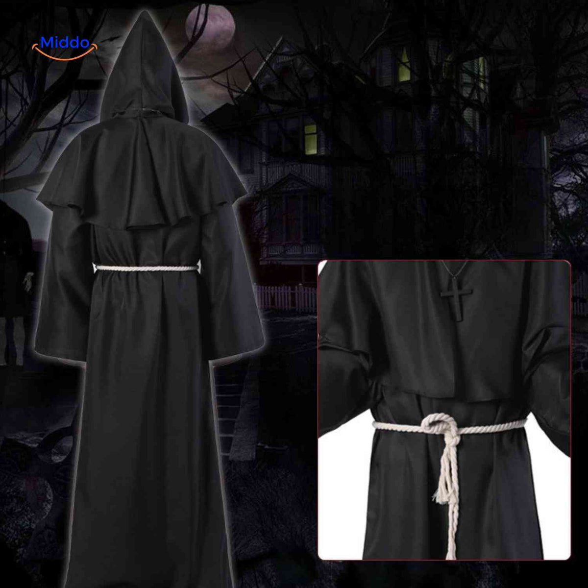 Monk Costume Hooded Long Robe With Rope Belt Breathable Fabric